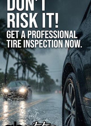 Vertical promotional banner for hurricane tire safety from ab Pitstop Tires in Jacksonville Beach. A close-up of a tire in heavy coastal rain. The headline states, "HURRICANE WARNING: DON'T RISK IT! GET A PROFESSIONAL TIRE INSPECTION NOW." Call "904.565.2333" or click to "SCHEDULE YOUR FREE INSPECTION."